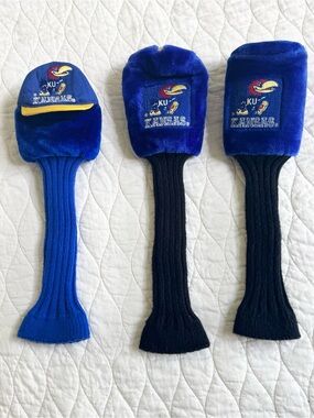 Vintage Kansas Jayhawks Golf Headcovers Set of 3 KU Royal Blue Knit Plush Logo